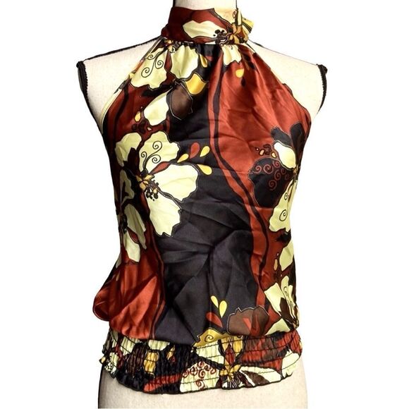 Green Apple Halter floral print self knot neck silky top blouse size Small - Picture 2 of 9